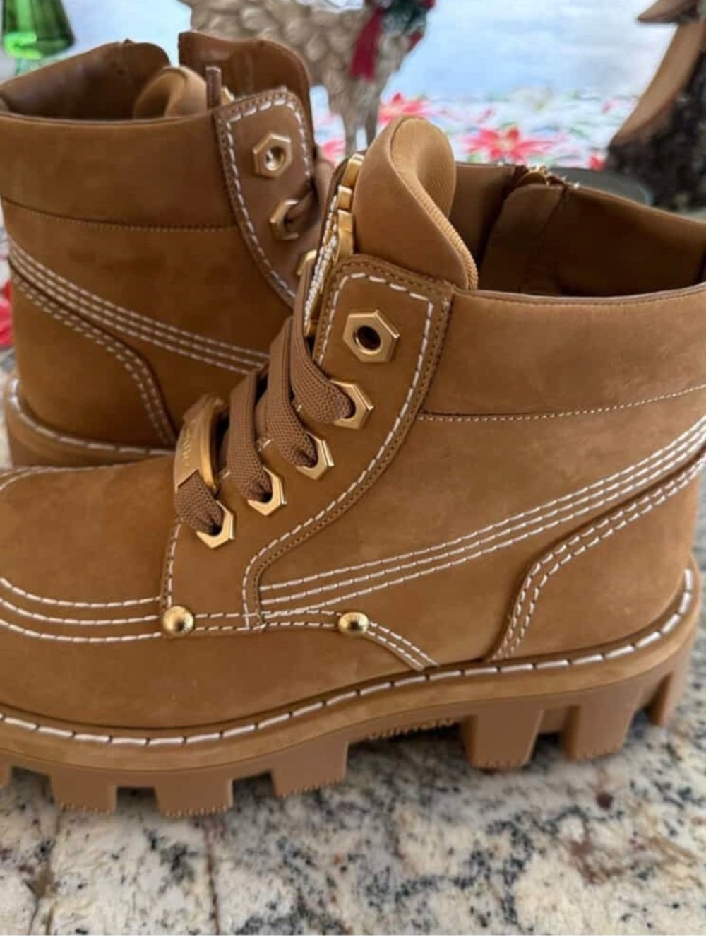 Louis Vuitton Tan Lace-Up Pearl-Trim Combat Boots - Picture 4 of 10